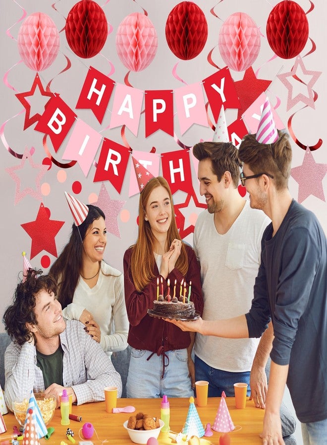 زينة عيد ميلاد رائعة، لافتة عيد ميلاد سعيد مع كرات على شكل خلية نحل، شرائط متدلية على شكل نجوم، إكليل من النقاط الدائرية، زينة حفلات عيد ميلاد سعيد للنساء والرجال والأولاد والبنات (أحمر) - Image 5
